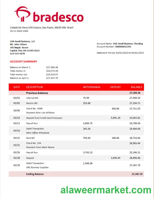Bradesco Bank corporate account statement Word and PDF template